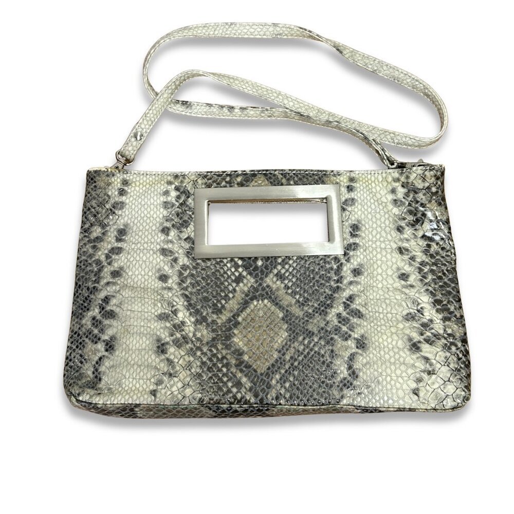 Baci Couture Snake Print Convertible Shoulder Bag Faux Leather White Gray Clutch